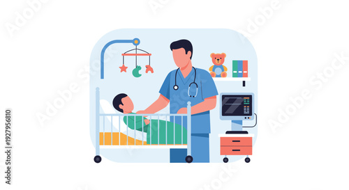 A flat illustration of a male pediatrician checking on a young boy resting in a hospital bed, with a medical monitor and toys in the room.