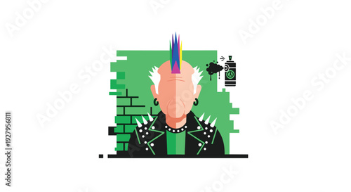 A flat vector illustration of an elderly man with a rainbow mohawk and a studded leather jacket posing as a punk rocker against a green brick wall.