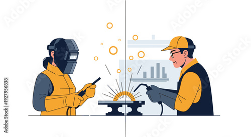 A flat design illustration depicting two welders, one with a full mask and another with a cap, working with different welding tools on a metal piece.