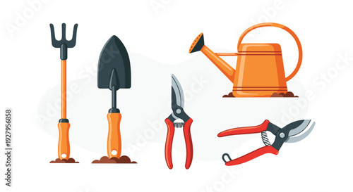 A complete set of essential gardening tools, including a watering can, trowel, fork, and secateurs, is illustrated in a flat, colorful cartoon style isolated on a white background.