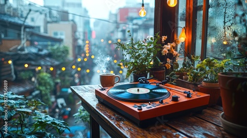 Outdoor Urban Balcony Venue with Turntable and Plants in Cozy Atmosphere