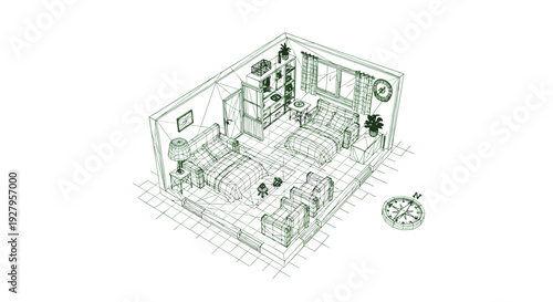 An isometric green line art blueprint provides a detailed architectural drawing of a furnished room's interior layout, including beds, chairs, and decorative plants.