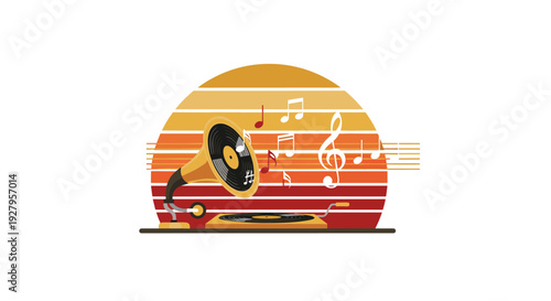 A vintage gramophone plays a vinyl record against a striped sunset background with musical notes floating in the air.
