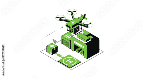 An isometric illustration depicts a delivery drone taking off from a warehouse helipad to transport a package wirelessly.