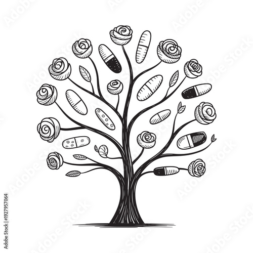A whimsical tree illustration features roses and pills as foliage symbolizing growth and pharmaceutical concepts high quality