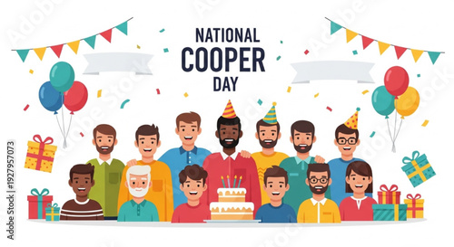 National Cooper Day Celebration Diverse Men and Boys with Balloons Cake and Gifts Festive Vector Illustration