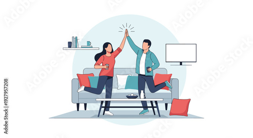 An excited couple celebrates with a high-five, jumping over a sofa in their modern living room with a television and bookshelf.