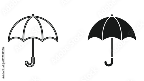 Line Art and Solid Silhouette of an Umbrella, Vector Icons for Weather Protection and Safety