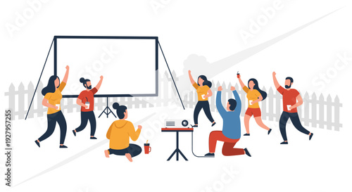 A group of diverse friends cheers excitedly while watching a film on a large projector screen during an outdoor movie night in a backyard.