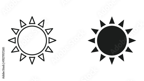 Sun Icon Set: Outline and Solid Fill for Weather, Summer, and Brightness Concepts