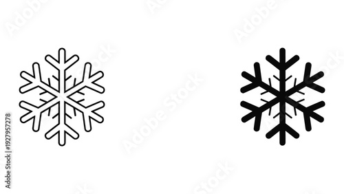 Snowflake Icon Set: Outline and Solid Black Versions on White Background