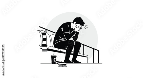A despondent male sports fan sits alone on a stadium bench with his head in his hands, depicted in a monochrome illustration.