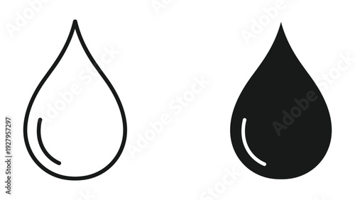 Water Droplet Icons: Outline and Solid Fill - Black and White Comparison