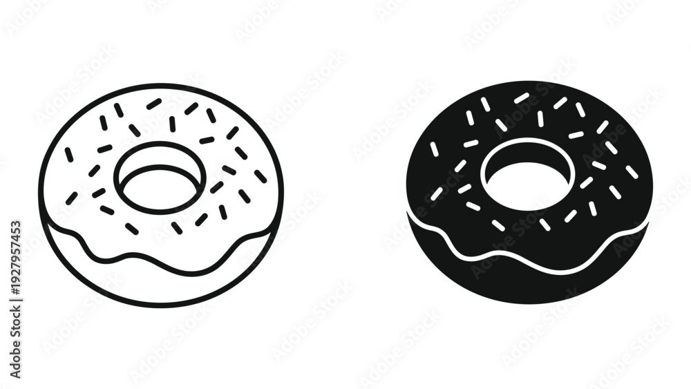 Fototapeta premium Outline and Silhouette Donuts with Sprinkles - Clean Vector Icons for Food Design