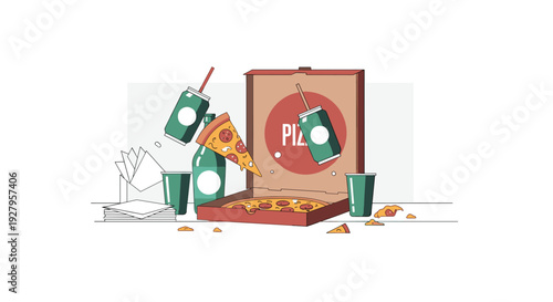 A flat vector illustration shows a messy takeaway meal with an open pizza box, a levitating slice, and floating soda cups creating a chaotic scene.