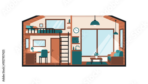 Cozy modern studio apartment interior with loft bed and open living space