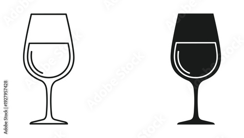 Black and White Wine Glass Icons: Outline and Solid Fill Style