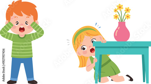 Vector, Illustration, of, Scared, Little, Boy, and, Girl, Hiding, for, Emotional, Identity, Branding, Professional, Graphic, Design, Projects, Collection, Elements, Childhood, Expression, Art
