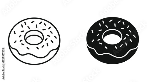 Outline and Silhouette Donuts with Sprinkles - Clean Vector Icons for Food Design