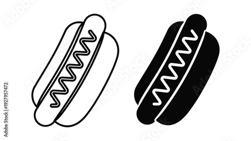 Hot Dog Icons: Black and White Outline and Silhouette, Vector Food Graphic
