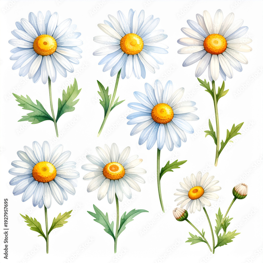 Fototapeta premium Watercolor Daisy Botanical Set,White Petals, Yellow Center, Green Stems