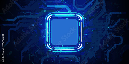 Abstract blue circuit board with a glowing central square element