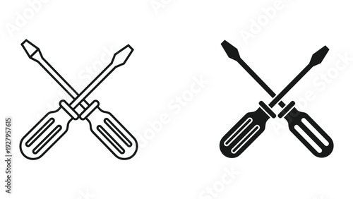 Two crossed screwdrivers icon, outline and silhouette, symbol for repair, construction, tools, and DIY projects