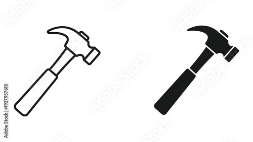 Hammer Icons: Black and White Outline and Silhouette of Claw Hammer, Isolated on White