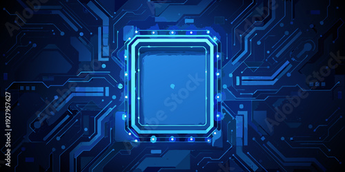 Abstract blue circuit board pattern with a central processing unit focus