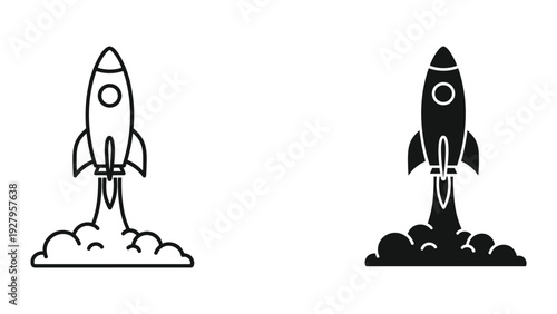 Rocket Launch Icons: Line Art and Solid Silhouette with Smoke Plume