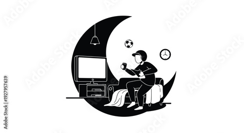 A person wearing a cap plays a video game on a couch at night, with the entire living room scene depicted inside a large black crescent moon.