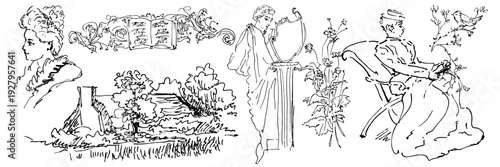 Vintage countryside scenes and figures. Victorian lady in garden sketches. Classic cottage and nature doodles. Antique decorative frames. Retro rural lifestyle elements isolated on white background.