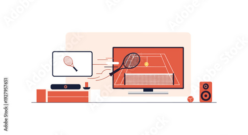 A flat screen television displays a tennis match on a court, with a racket graphically flying out from a secondary device towards the screen.