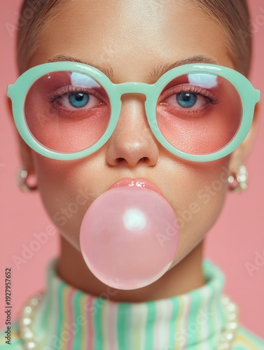 Close-up portrait of a cool girl blowing a pink bubblegum bubble wearing stylish retro sunglasses on a vibrant background.