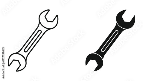 Wrench Icons: Black and White Line Drawing and Solid Black Silhouette on White Background
