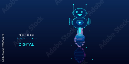 Futuristic robot design with glowing blue lines and dna helix elements