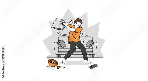 An angry man in an orange shirt swings a pillow in frustration in front of a couch, having knocked over a bowl of snacks while watching TV.