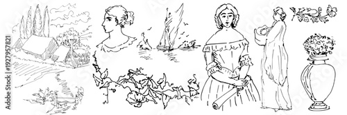 Vintage countryside landscape and figures. Victorian woman portraits. Classic sailboat and floral doodles. Antique rural scenery. Retro engraved style elements isolated on white background.