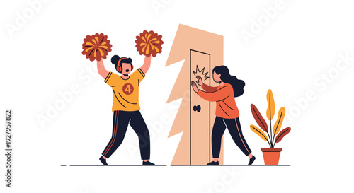 An illustration shows a woman trying to hold a broken door shut while a sports fan with pom-poms cheers enthusiastically next to a potted plant on a white background.