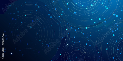 Abstract blue background with concentric circles and scattered light particles