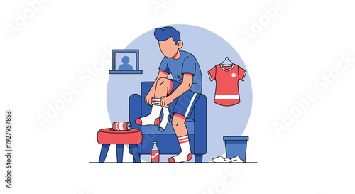 A vector illustration depicts a man in a blue shirt and shorts sitting in an armchair and putting on his socks, with a messy room setting including a can and trash.