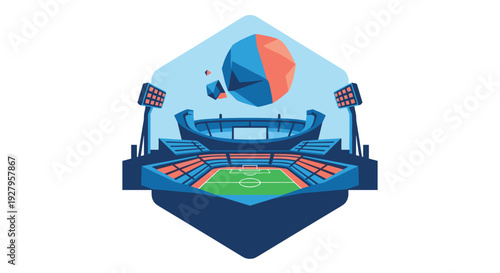 A stylized vector illustration of a modern sports stadium with a green field and floodlights is contained within a hexagonal frame against a light blue background.