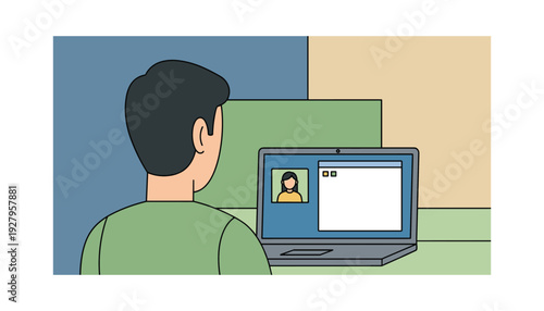 Man video conferencing with colleague on laptop in modern workspace