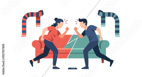 A man and a woman, representing rival sports fans, are depicted arguing angrily on a two-toned couch with their team scarves floating above them on a white background.