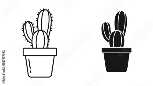 Set of Two Cactus Icons in Pots - Line Art and Silhouette, Isolated on White Background