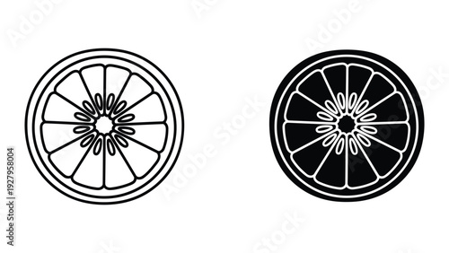 Citrus Fruit Slice Icons: Outline and Solid Silhouette of Orange or Grapefruit Cross-section