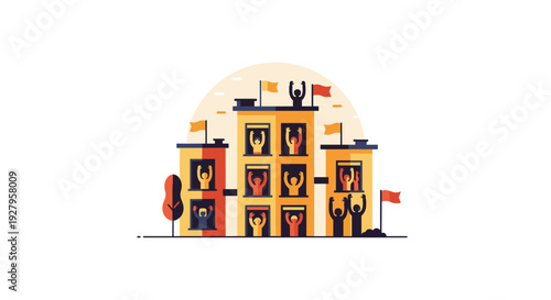 A community of people in a multi-story apartment complex are cheering from their windows and rooftops in a flat vector illustration.