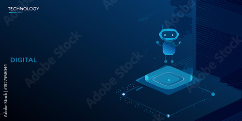 A glowing robotic figure emerges from a digital geometric platform