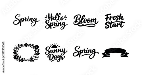Spring Icons Grid. Handwritten spring lettering outline. Filled icon set of Handwritten spring lettering