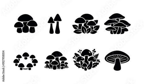 Forest mushroom line art set. Filled icon set of Forest mushroom line art set: rounded cap mushroom group,